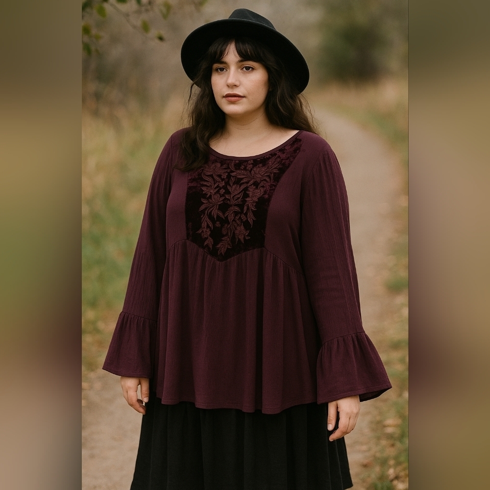Indigo Soul Boho Top Women’s‎ Large Purple Velvet Floral Embroidered Bell Sleeve